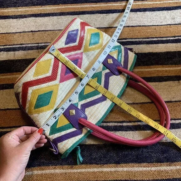Vintage Geometric Handbag Purse 80s Colorful‎ Multicolor Resort Vacation Woven - Picture 8 of 9